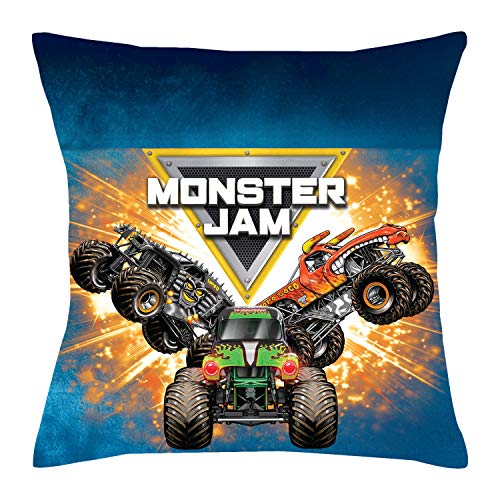 TV's Toy Box Monster Jam Personalized Throw Pillow with Trucks and Logo on Blue Removable Cover, Custom Name Printed, Official Licensed Product, 14x14