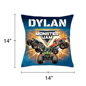 TV's Toy Box Monster Jam Personalized Throw Pillow with Trucks and Logo on Blue Removable Cover, Custom Name Printed, Official Licensed Product, 14x14