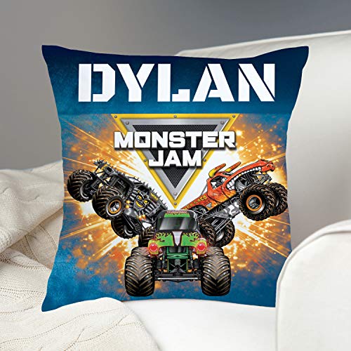 TV's Toy Box Monster Jam Personalized Throw Pillow with Trucks and Logo on Blue Removable Cover, Custom Name Printed, Official Licensed Product, 14x14