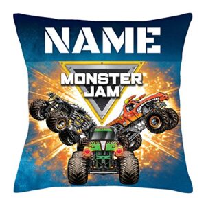 TV's Toy Box Monster Jam Personalized Throw Pillow with Trucks and Logo on Blue Removable Cover, Custom Name Printed, Official Licensed Product, 14x14