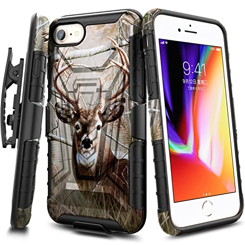 E-Began Case for iPhone SE 3 2022/iPhone SE 2020, iPhone 8 7 6S 6 Case, Belt Clip Holster Kickstand Protective Hybrid Cover Heavy Duty Armor Defender Shockproof Rugged Premium Case -Deer