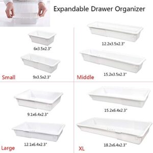 Mebbay 6 Pack Expandable Drawer Organizer Makeup Drawer Organizer Storage Bins Tray for Bathroom Vanity Table Office Kitchen with 25 pcs Non-Slip Pads White