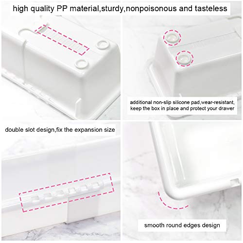 Mebbay 6 Pack Expandable Drawer Organizer Makeup Drawer Organizer Storage Bins Tray for Bathroom Vanity Table Office Kitchen with 25 pcs Non-Slip Pads White