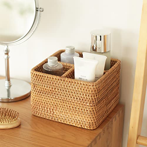 Handweaved Rattan 4 Compartments Cooking Utensil Holder Storage Box Cosmetics Organizer Silverware Caddy Handmade Flatware Caddy and Bottle Serving Basket (180mm 4-Compartment Box)