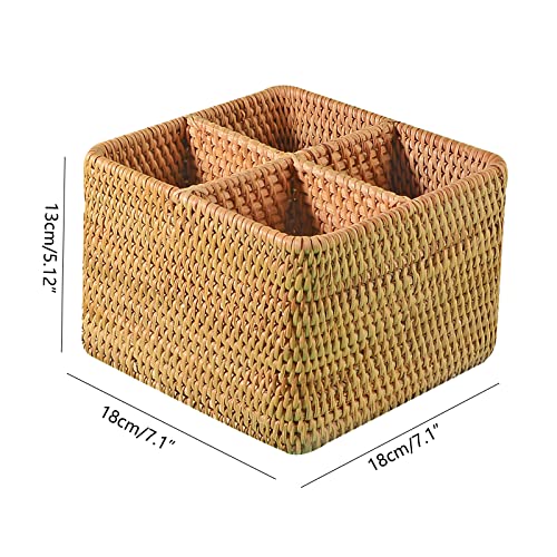 Handweaved Rattan 4 Compartments Cooking Utensil Holder Storage Box Cosmetics Organizer Silverware Caddy Handmade Flatware Caddy and Bottle Serving Basket (180mm 4-Compartment Box)