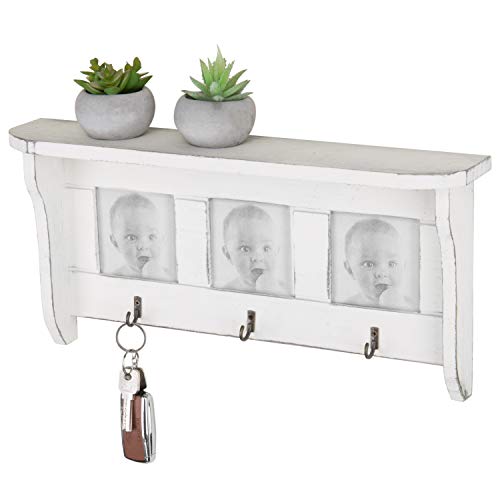 MyGift 16-Inch Wall-Mounted Vintage White Wood Entryway Display Shelf with 3 x 3 Picture Frames & Key Hooks