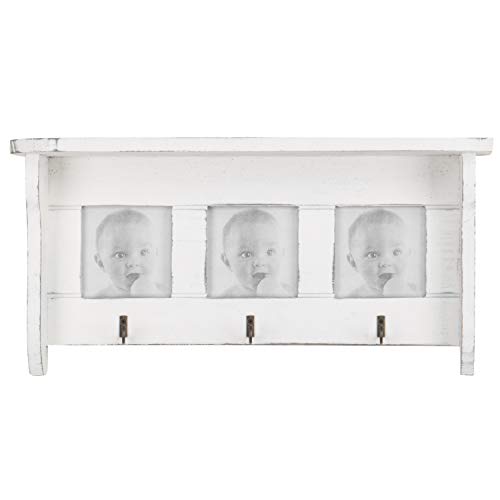 MyGift 16-Inch Wall-Mounted Vintage White Wood Entryway Display Shelf with 3 x 3 Picture Frames & Key Hooks