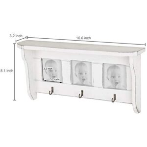 MyGift 16-Inch Wall-Mounted Vintage White Wood Entryway Display Shelf with 3 x 3 Picture Frames & Key Hooks