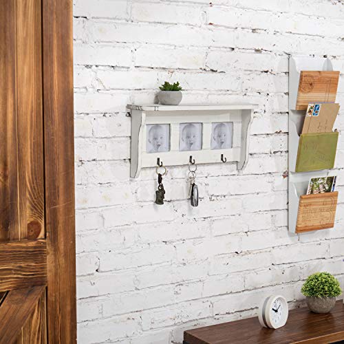 MyGift 16-Inch Wall-Mounted Vintage White Wood Entryway Display Shelf with 3 x 3 Picture Frames & Key Hooks