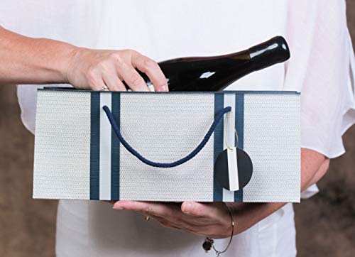 Simply Charmed Wine Gift Bags – White with Basket Weave Pattern and Navy Stripes Purse Style Set of 3
