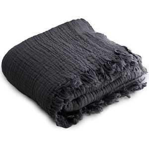 peshtemania premium gauze muslin dark grey blue throw blankets for adults 4-layers tassel farmhouse 100% cotton summer throw blanket for bed couch sofa, ultra soft & lightweight |40"x70"|