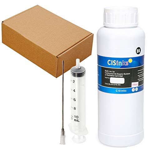 CISinks Standard Universal Large Black Refill Ink - 500 ml (17 oz) Dye-Based Ink for All Printers + Refill Tool Kits Blunt Injectors