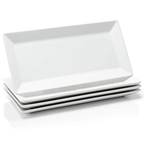 Sweese 705.101 12 Inch Porcelain Rectangular Plates, White Serving Trays for Parties - Stackable, Set of 4