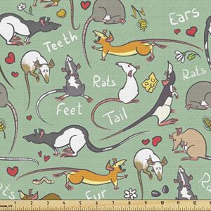 lunarable animals fabric by the yard, cartoon funny creatures hearts lettering ornament colorful characters, decorative fabric for upholstery and home accents, 1 yard, almond green multicolor