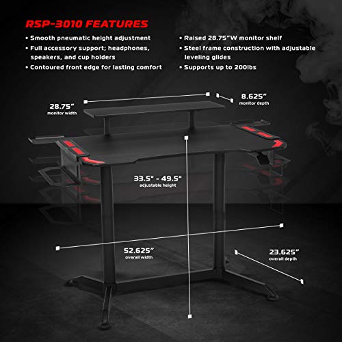 RESPAWN RSP-3010 Computer Ergonomic Height Adjustable Gaming Desk, 52.6 in, Red