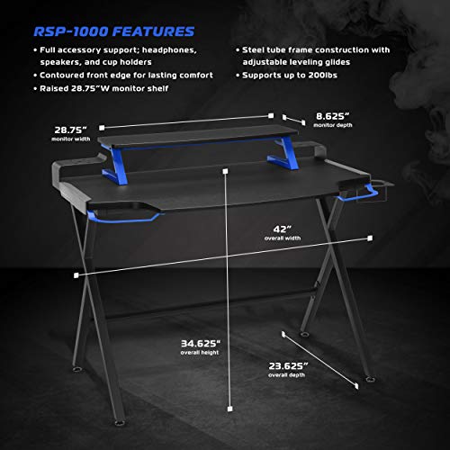 RESPAWN RSP-1000 Gaming Computer Desk, 23.625" D x 42" W x 34.625" H, Blue