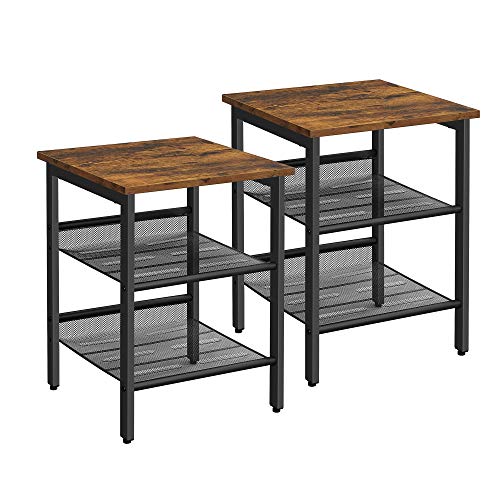 VASAGLE Nightstand, Set of 2 Side Tables with Adjustable Mesh Shelves, for Living Room, Bedroom, Industrial, Stable Steel Frame, 15.7”L x 15.7”W x 19.7”H (40 x 40 x 50 cm), Rustic Brown + Black