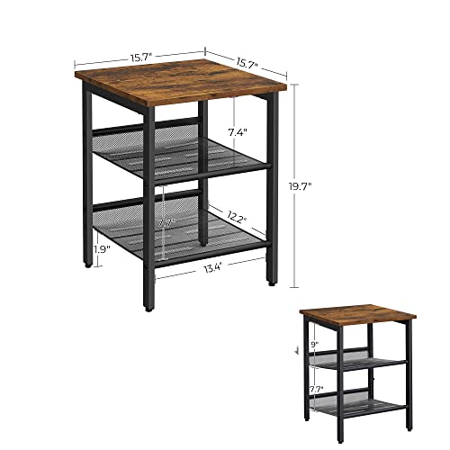 VASAGLE Nightstand, Set of 2 Side Tables with Adjustable Mesh Shelves, for Living Room, Bedroom, Industrial, Stable Steel Frame, 15.7”L x 15.7”W x 19.7”H (40 x 40 x 50 cm), Rustic Brown + Black