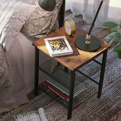 VASAGLE Nightstand, Set of 2 Side Tables with Adjustable Mesh Shelves, for Living Room, Bedroom, Industrial, Stable Steel Frame, 15.7”L x 15.7”W x 19.7”H (40 x 40 x 50 cm), Rustic Brown + Black
