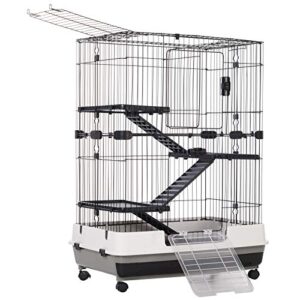 pawhut 43" h small animal cage, 4-level bunny cage with rolling stand, chinchilla cage with doors, slide-out tray, black