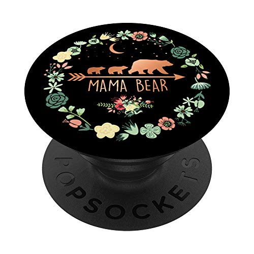 Mama Bear Gift - Rose Flowers Mama Bear with 2 Cubs PopSockets PopGrip: Swappable Grip for Phones & Tablets