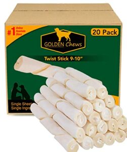 golden chews natural rawhide roll twist sticks 9-10 inches dog treat. extra thick, single sheet. (20 pack)
