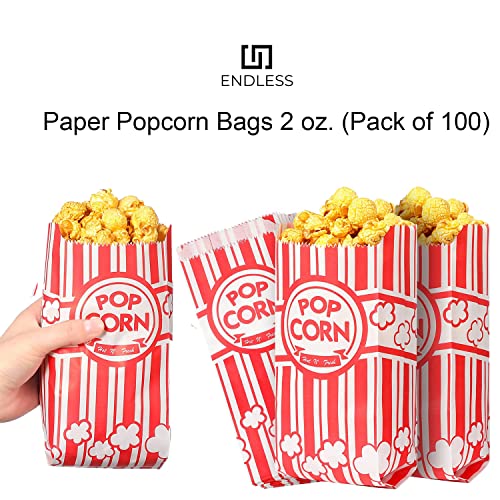 Endless Paper Popcorn Bags 1 oz. (Pack of 100), Red & White popcorn bags - popcorn paper bags, pop corn bag, Carnivals, Snack Bars, Birthday Parties, Home and Movie Nights - Grease Resistant