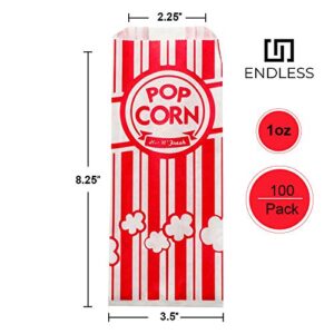 Endless Paper Popcorn Bags 1 oz. (Pack of 100), Red & White popcorn bags - popcorn paper bags, pop corn bag, Carnivals, Snack Bars, Birthday Parties, Home and Movie Nights - Grease Resistant