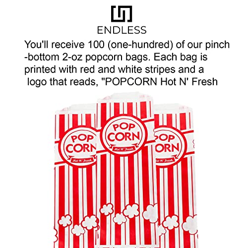 Endless Paper Popcorn Bags 1 oz. (Pack of 100), Red & White popcorn bags - popcorn paper bags, pop corn bag, Carnivals, Snack Bars, Birthday Parties, Home and Movie Nights - Grease Resistant