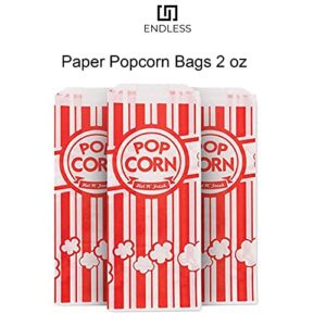 Endless Paper Popcorn Bags 1 oz. (Pack of 100), Red & White popcorn bags - popcorn paper bags, pop corn bag, Carnivals, Snack Bars, Birthday Parties, Home and Movie Nights - Grease Resistant