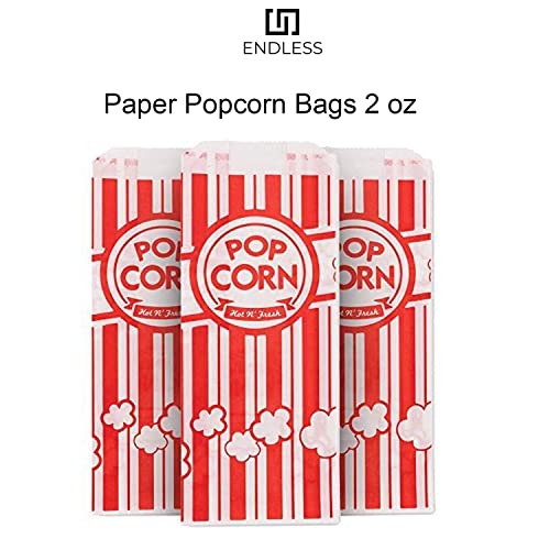 Endless Paper Popcorn Bags 1 oz. (Pack of 100), Red & White popcorn bags - popcorn paper bags, pop corn bag, Carnivals, Snack Bars, Birthday Parties, Home and Movie Nights - Grease Resistant