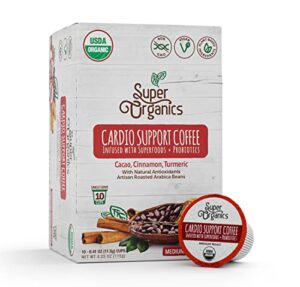 super organics cardio support coffee brew cups with superfoods & probiotics keurig k-cup compatible cardiovascular health medium roast, usda certified organic, vegan coffee, 10ct