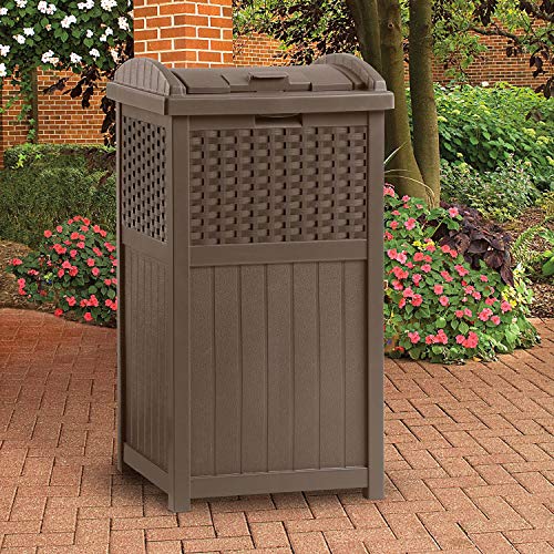 Suncast GHW1732 15.75" x 16" x 31.6" Trashcan Hideaway Outdoor Commercial 33 Gallon 31.6" Resin Garbage Waste Bin with Lid in Brown for Garage, 2 Pack