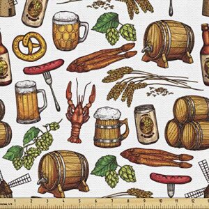 ambesonne oktoberfest fabric by the yard, beer making elements hops wheat pretzels lobster festival menu country theme, decorative fabric for upholstery and home accents, 1 yard, brown