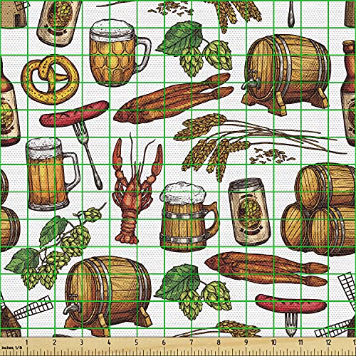 Ambesonne Oktoberfest Fabric by The Yard, Beer Making Elements Hops Wheat Pretzels Lobster Festival Menu Country Theme, Decorative Fabric for Upholstery and Home Accents, 1 Yard, Brown