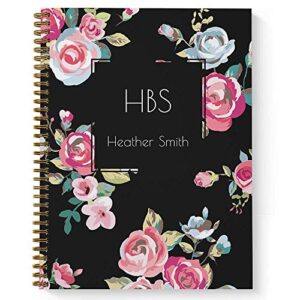 bold blooms personalized notebook/journal, laminated soft cover, 120 pages of your selected paper, lay flat wire-o spiral. size: 8.5” x 11”. made in the usa