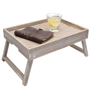 mygift vintage graywashed wood bed tray with folding legs - foldable breakfast table laptop desk kitchen serving tray