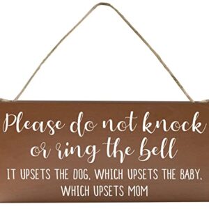 Baby Sleeping Sign for Front Door - Funny No Soliciting 6x12 Hanging Wood Plaque - Please Do Not Knock or Don't Ring Doorbell Dogs Will Bark