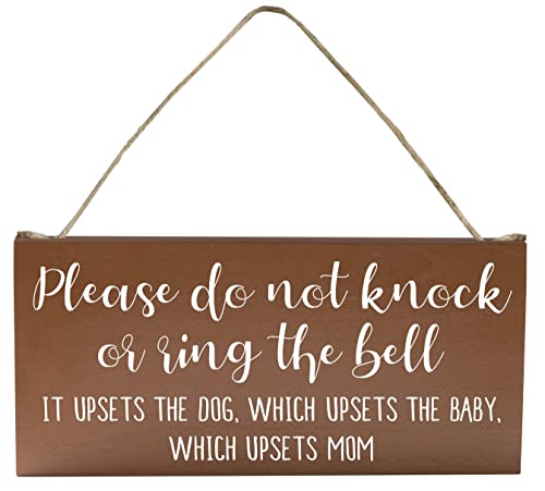 Baby Sleeping Sign for Front Door - Funny No Soliciting 6x12 Hanging Wood Plaque - Please Do Not Knock or Don't Ring Doorbell Dogs Will Bark