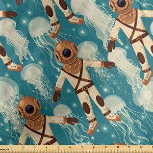 lunarable jellyfish fabric by the yard, vintage diver suit pattern jellyfish at the background water sports tile theme, decorative satin fabric for home textiles and crafts, 1 yards, brown teal