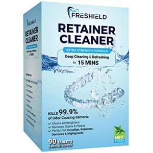 freshield retainer & denture cleaner tablets - remove stain plaque bad odor, compatible with invisalign, dentures, retainers, mouth guards, braces, teeth straighteners, night guards, dental appliances