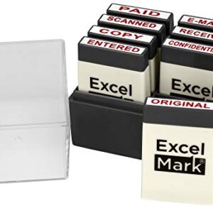 ExcelMark Mini Office Message Rubber Stamp Set - Red Ink - Storage Tray Included