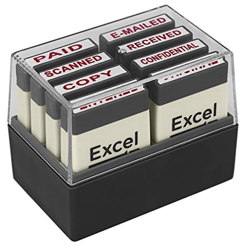 ExcelMark Mini Office Message Rubber Stamp Set - Red Ink - Storage Tray Included