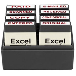 ExcelMark Mini Office Message Rubber Stamp Set - Red Ink - Storage Tray Included