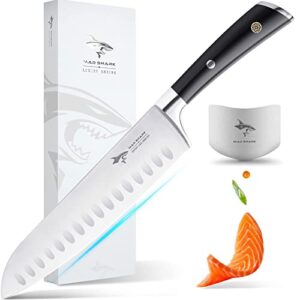mad shark kitchen knife, chef's santoku knife 8 inch, german high carbon stainless steel chef knife, super sharp multipurpose chopping knife for meat vegetable fruit with ergonomic handle & gift box