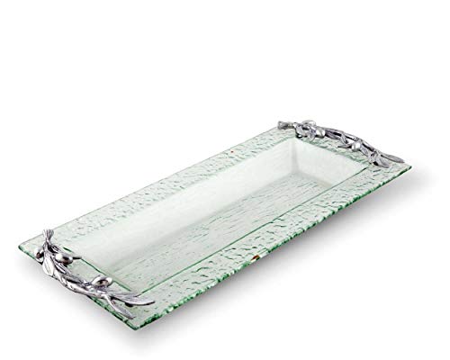 Arthur Court Glass Oblong Cheese Serving Tray with Meta Olive Handles Branch 17.5 inch x 7 inch