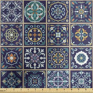 lunarable mosaic fabric by the yard, portuguese azulejo moroccan culture ceramic tiles european oriental, decorative satin fabric for home textiles and crafts, 1 yards, yellow purple