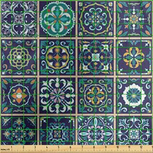 Lunarable Mosaic Fabric by The Yard, Portuguese Azulejo Moroccan Culture Ceramic Tiles European Oriental, Decorative Satin Fabric for Home Textiles and Crafts, 1 Yards, Yellow Purple