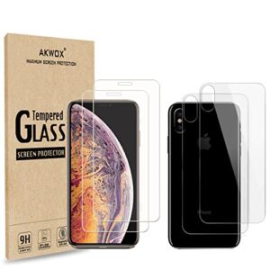 akwox (4-pack) compatible with iphone xs max screen protector with back covers, 9h tempered glass front screen protector and back screen protector for iphone xs max