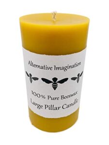 alternative imagination pure beeswax candle - large pillar handmade candle, 100% beeswax candle, natural pillar candle, 80 hour beeswax candle, tall wax candle, hypoallergenic candle, 6 inch